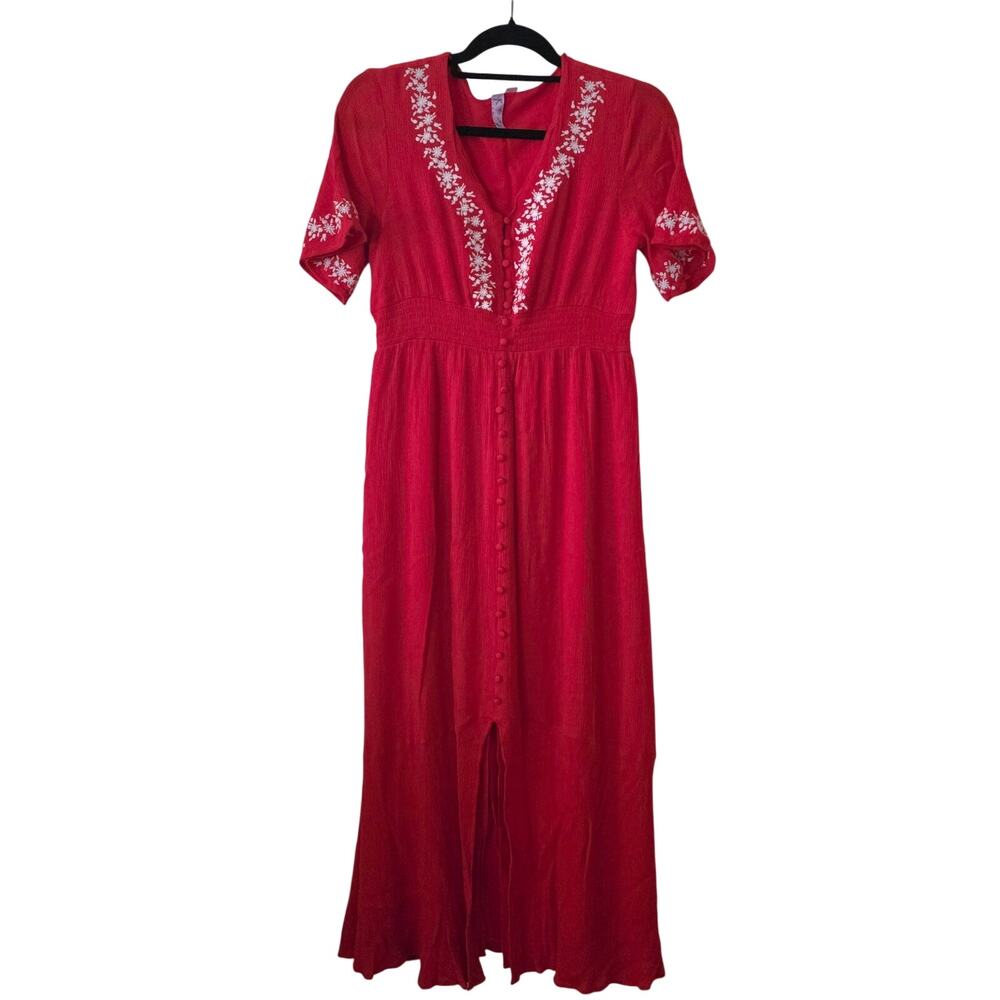 Alya Boutique Red V-Neck Maxi Dress Floral Embroidery size Large